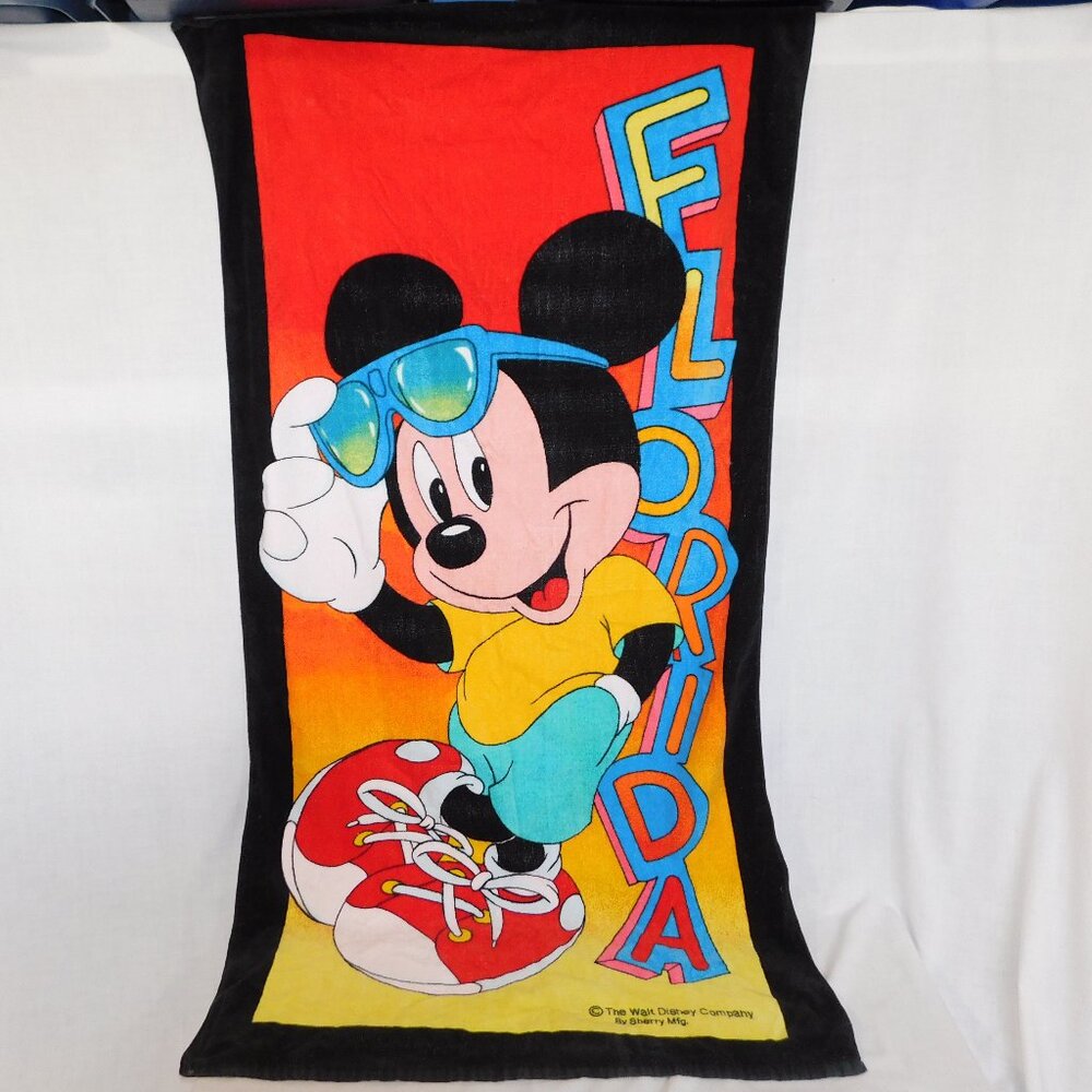 VTG 90s Sherry Inc Disney Cool Mickey Mouse Florida Beach Towel 31" x 58"